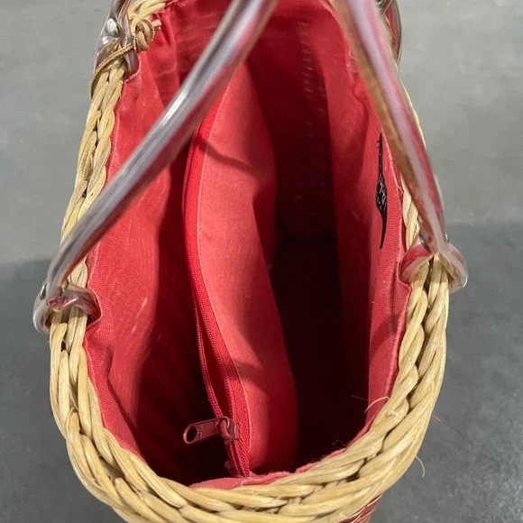Vintage Esprit Mini Basket Women Small Red Tan Woven Bag Dual Handle Tote - Picture 4 of 6
